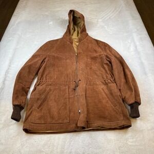 Vintage Bert Paley Ltd Mens Suede Leather Hooded Jacket Brown Zip Up Size 46R